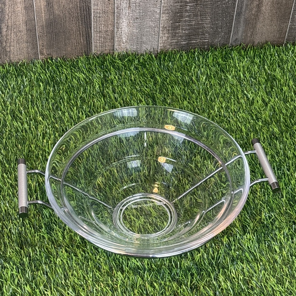 Clear‎ Glass Serving Bowl w/ Metal Holder Handles Modern No Maker